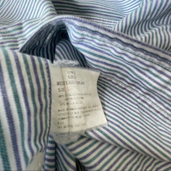 Vintage 1990s Woolrich Button Down Shirt Short Sleeve Stripe Blue Green Men L - Picture 6 of 11